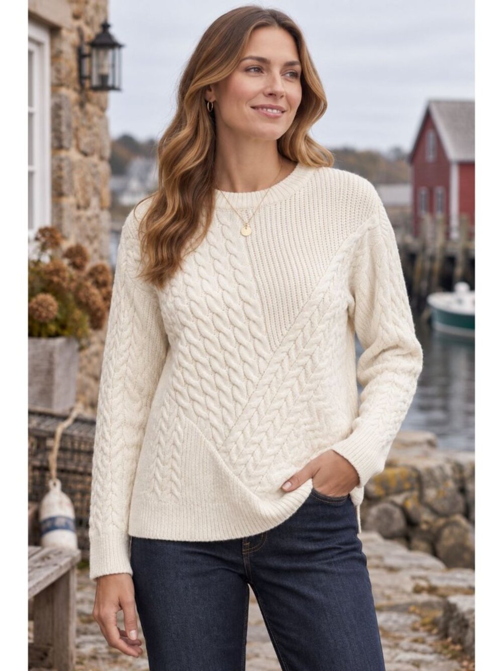 Chelsea & Theodore Women's S Ivory Cable Knit Patchwork Crewneck Sweater